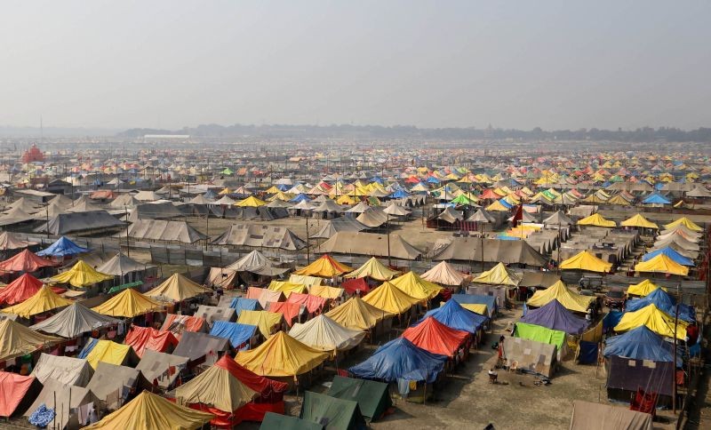 Prayagraj: View of tents placed for devotees on the bank of Ganga river during 'Magh Mela' festival, in Prayagraj, Sunday, Jan. 31, 2021. (PTI Photo)
